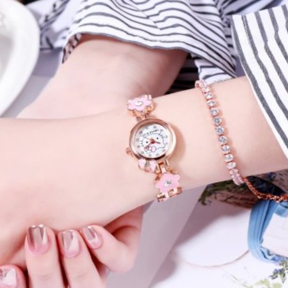 Hello Kitty Watch Quartz Pink Flower Chain Band - Picture 2 of 7